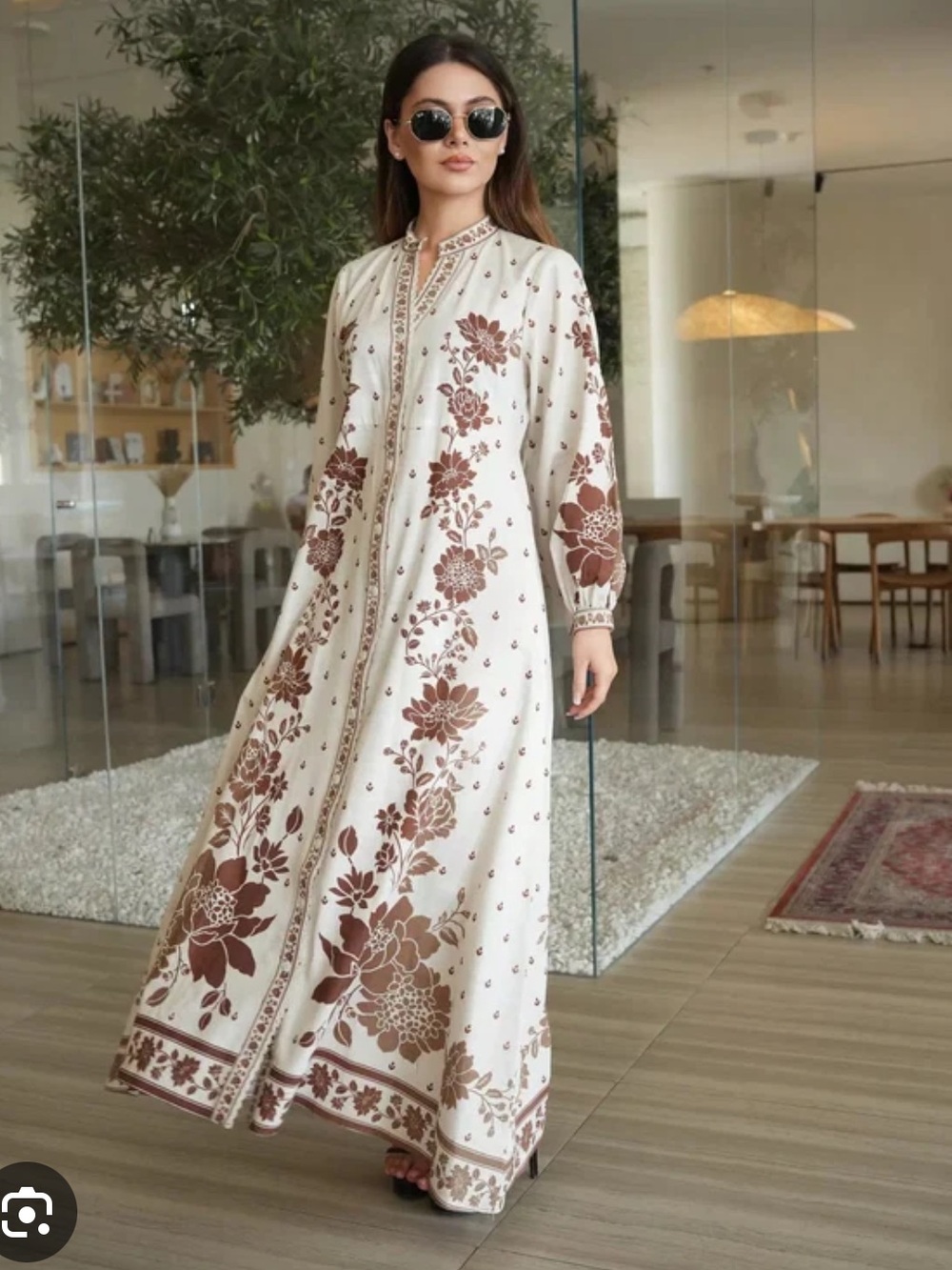 Elegant Floral Maxi Dress in Cream and Brown – Linen